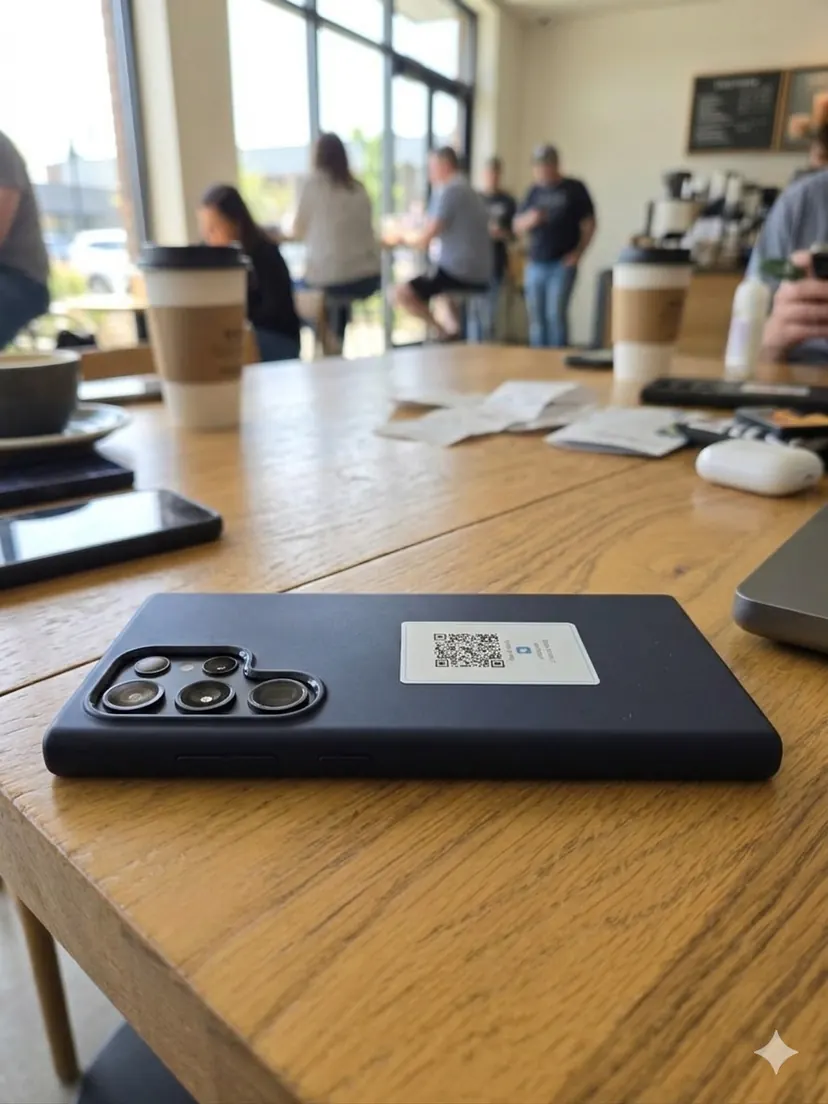Phone with JustTaggit QR sticker resting on a café table